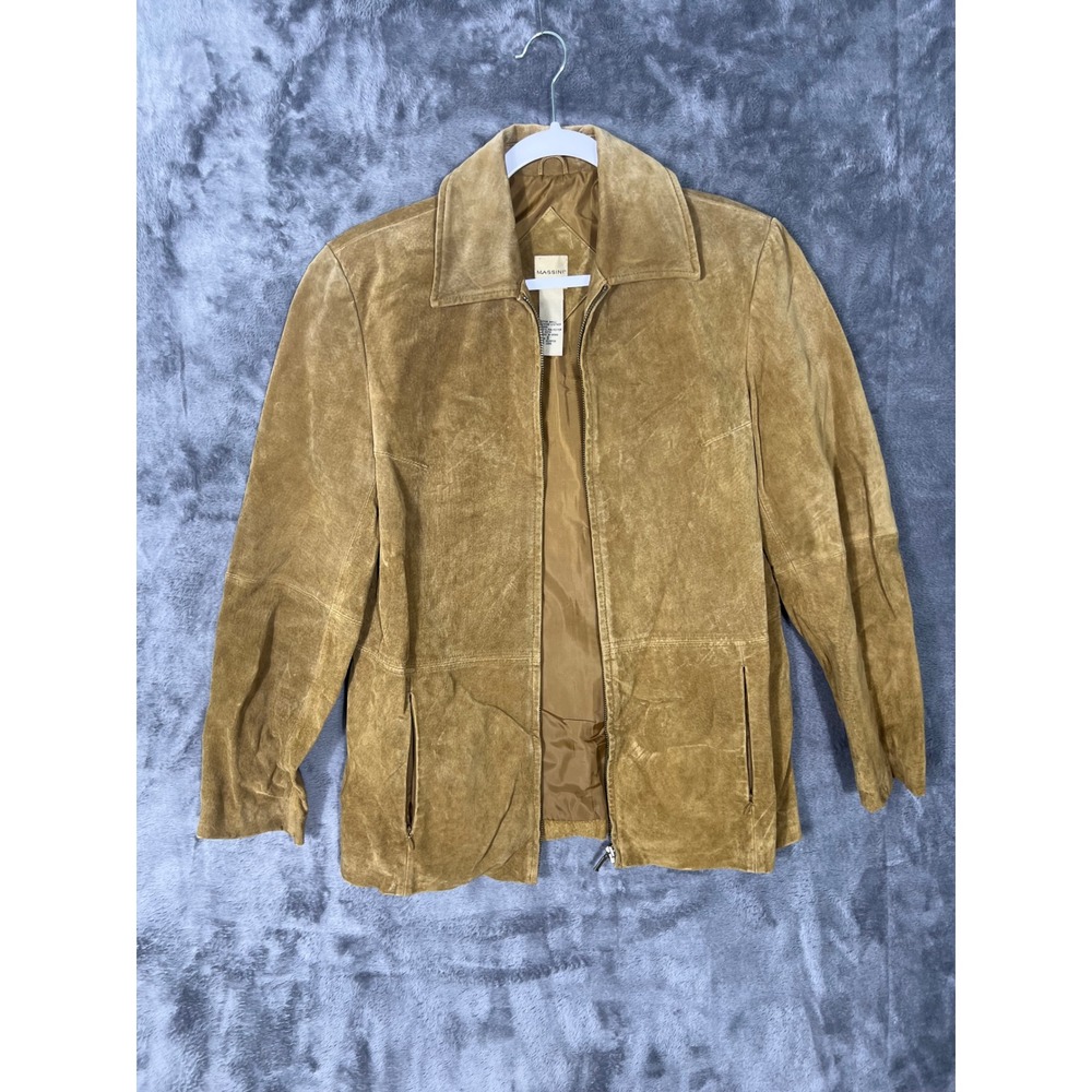 Massini Suede Leather Jacket Womens Small Camel Tan Full Zip Collared Outerwear